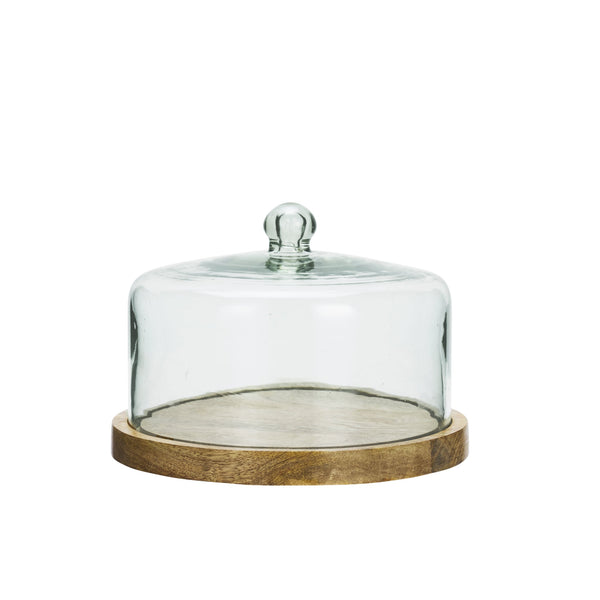 cloche en verre avec plateau en bois